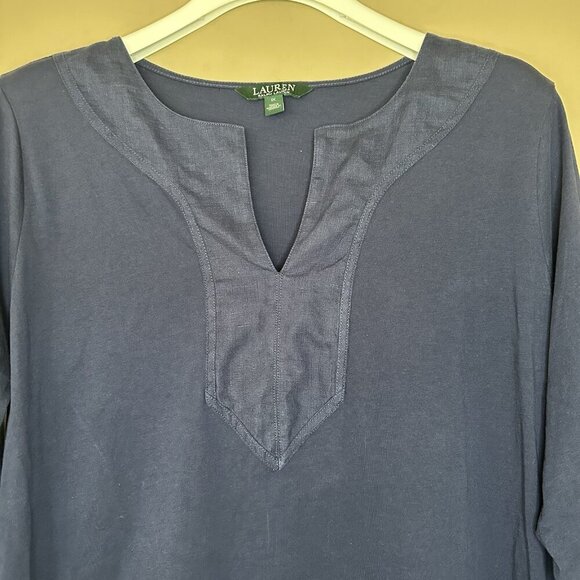 Lauren Ralph Lauren Women XL Tunic Top Navy Blue 100% Cotton 3/4 Sleeve Nautical - Picture 3 of 7